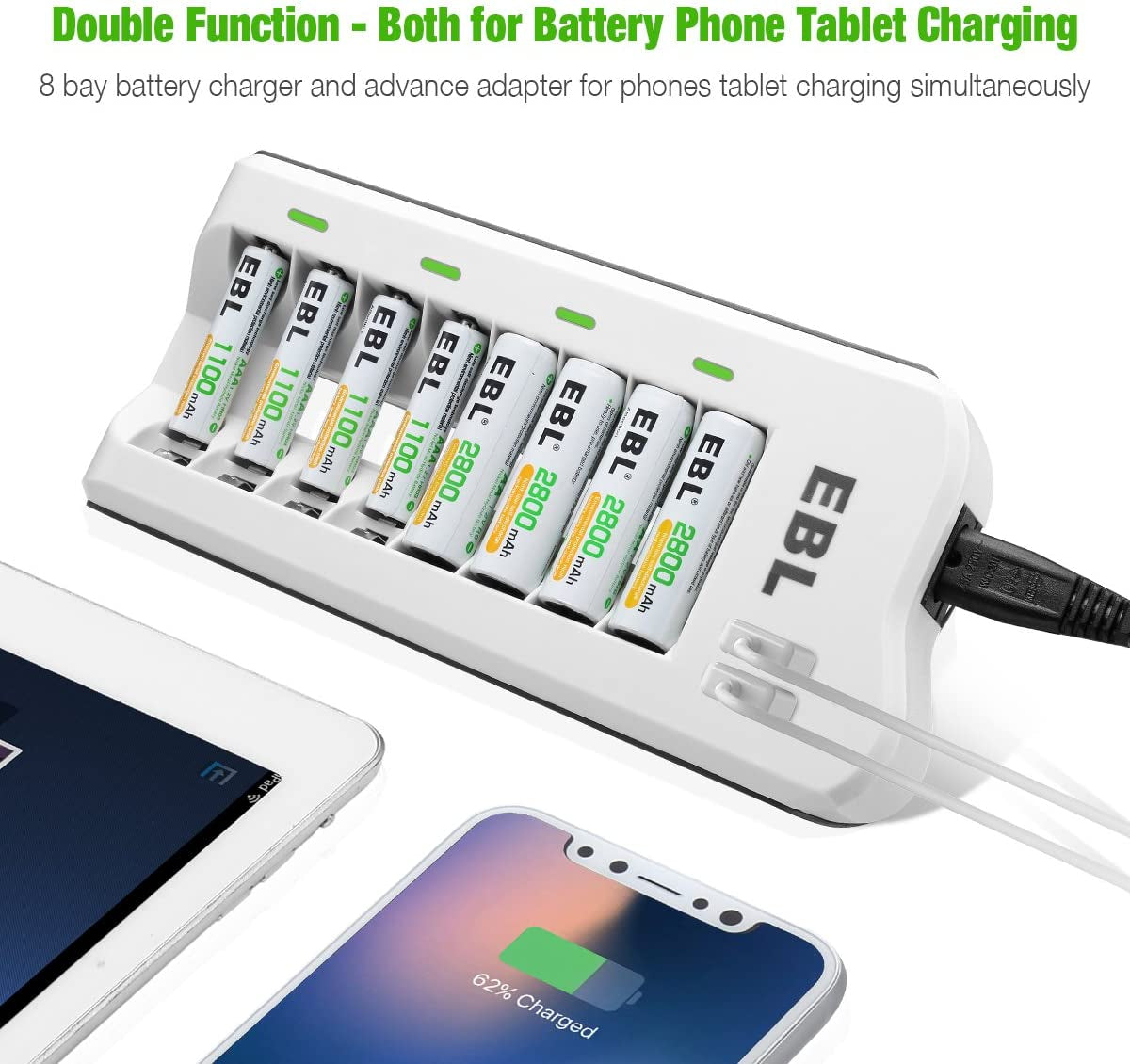 AAA Rechargeable Batteries with Battery Charger Combo - AAA Battery 8 Packs 1.2V Nimh with Smart Individual Household Battery Charger