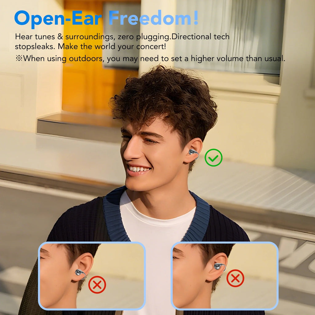 Open Ear Earbuds, Wireless Earbuds, Bluetooth Headphones with Mic, Adaptive Noise Cancelling Calls, Bluetooth 5.4, 50H Playtime, Light Weight, Clip on Earbuds for Workout/Running (Black)