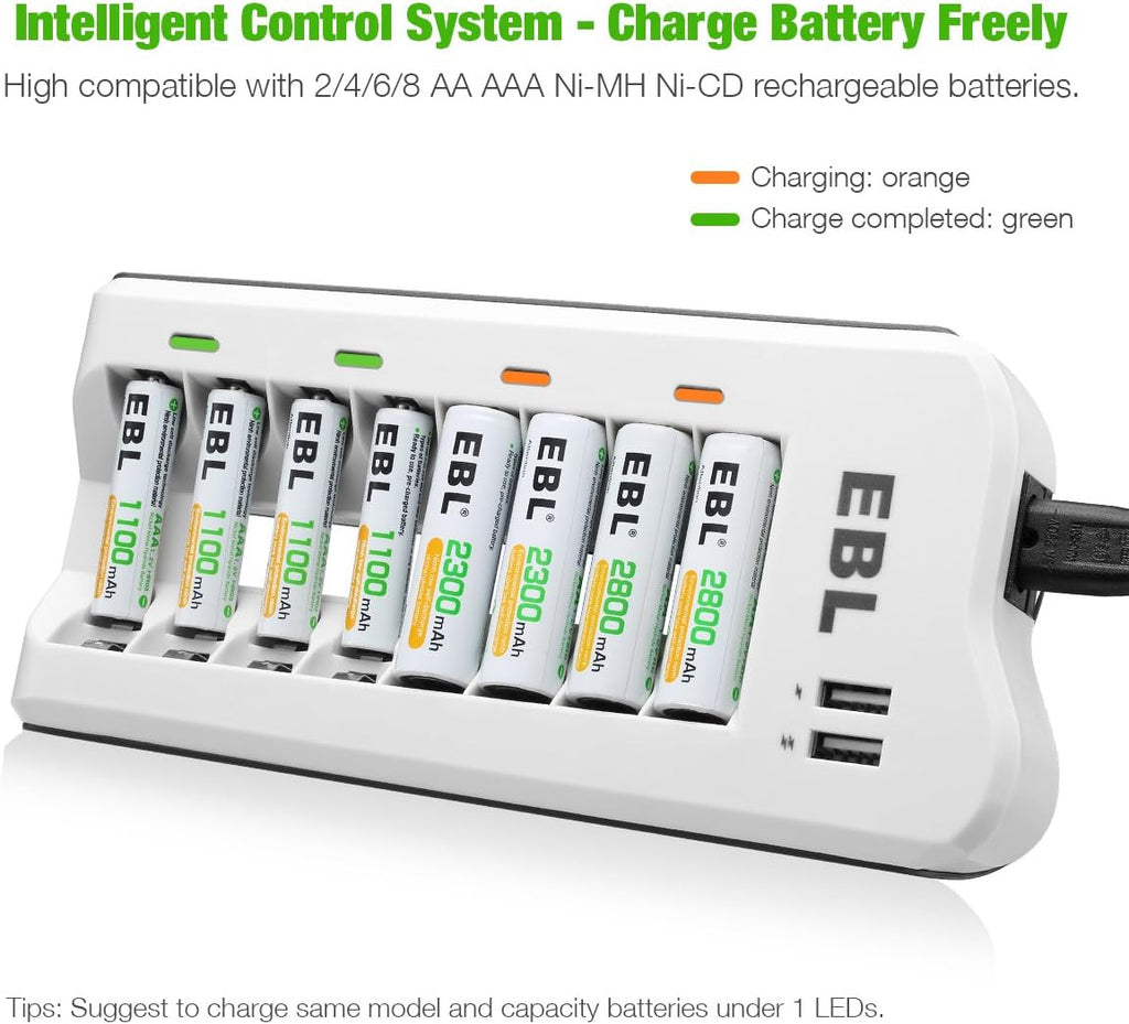 AAA Rechargeable Batteries with Battery Charger Combo - AAA Battery 8 Packs 1.2V Nimh with Smart Individual Household Battery Charger