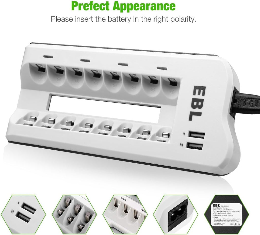 AAA Rechargeable Batteries with Battery Charger Combo - AAA Battery 8 Packs 1.2V Nimh with Smart Individual Household Battery Charger