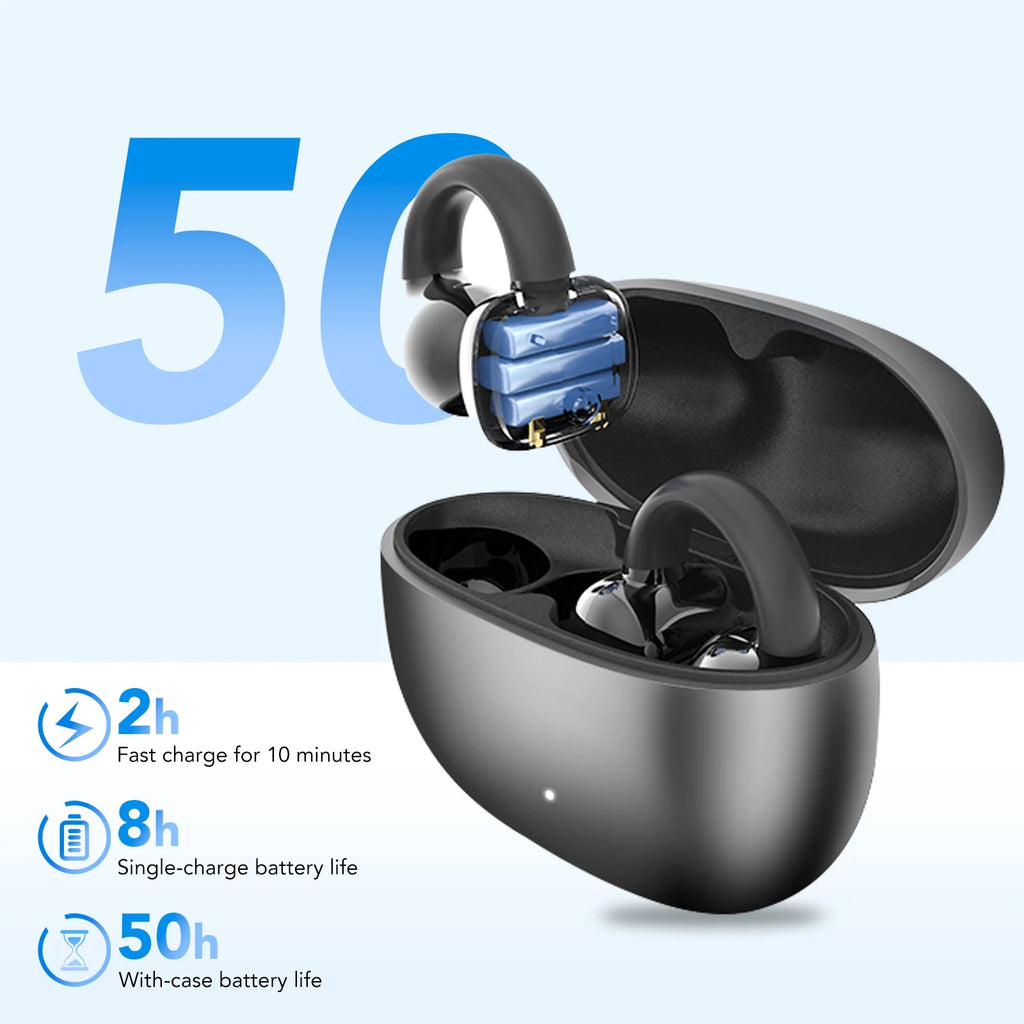 Open Ear Earbuds, Wireless Earbuds, Bluetooth Headphones with Mic, Adaptive Noise Cancelling Calls, Bluetooth 5.4, 50H Playtime, Light Weight, Clip on Earbuds for Workout/Running (Black)