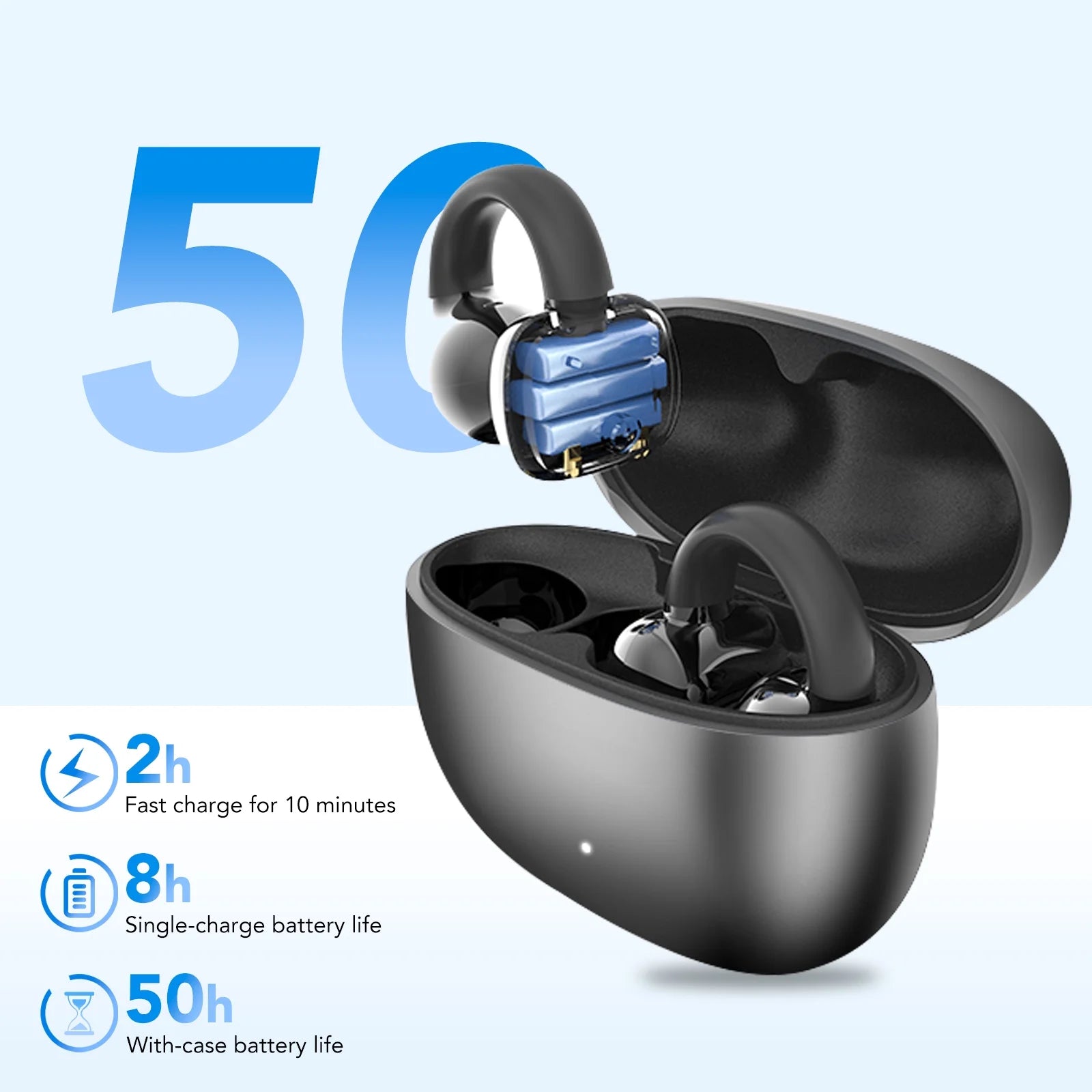 Open Ear Earbuds, Wireless Earbuds, Bluetooth Headphones with Mic, Adaptive Noise Cancelling Calls, Bluetooth 5.4, 50H Playtime, Light Weight, Clip on Earbuds for Workout/Running (Black)