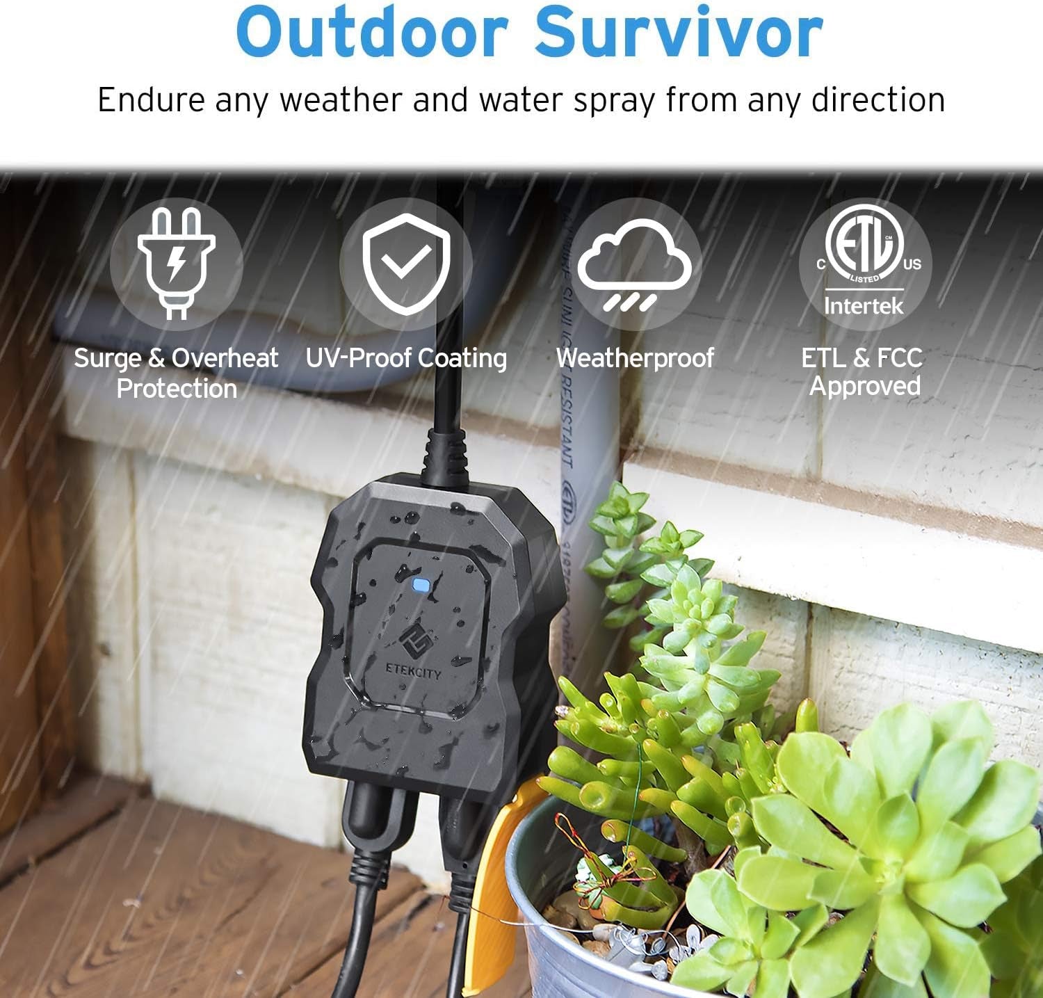 ESO15-TB Outdoor Smart Plug Wifi Outlet with 2 Sockets, Works with Alexa & Google Home, Wireless Remote Control, Energy Monitoring & Timer Function, Waterproof, FCC and ETL Listed, Black