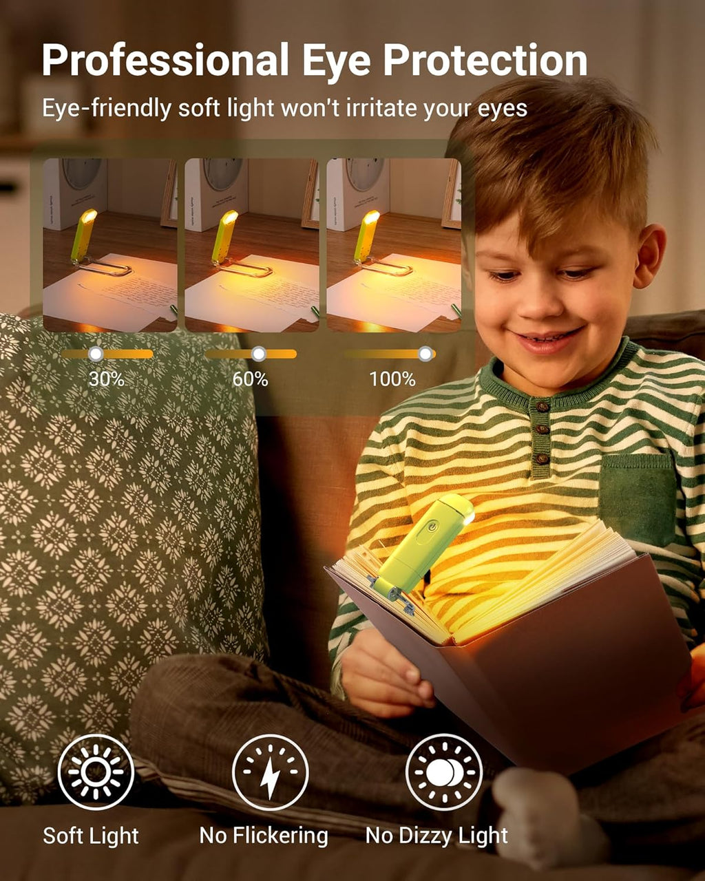 Amber Book Light for Reading, USB Rechargeable, 3 Brightness Levels, Blue Light Blocking, Kids & Adults (Green)